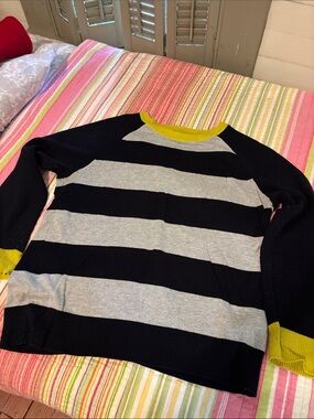 Jones New York Black and Gray Striped Crewneck Sweater with Yellow Trim